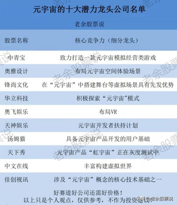元宇宙十大龙头股（元宇宙十大潜力龙头公司名单）